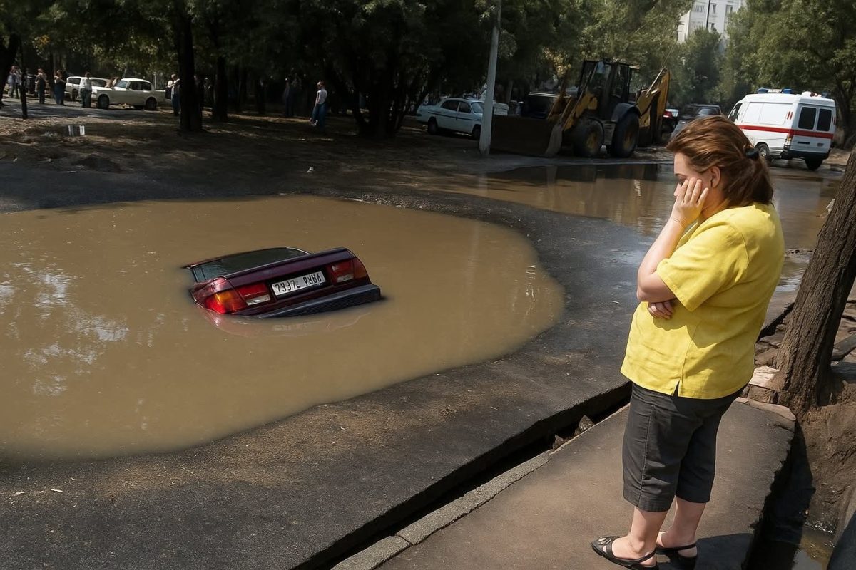 Auto ponorené v kaluži na ceste, žena v žltom tričku sleduje situáciu.