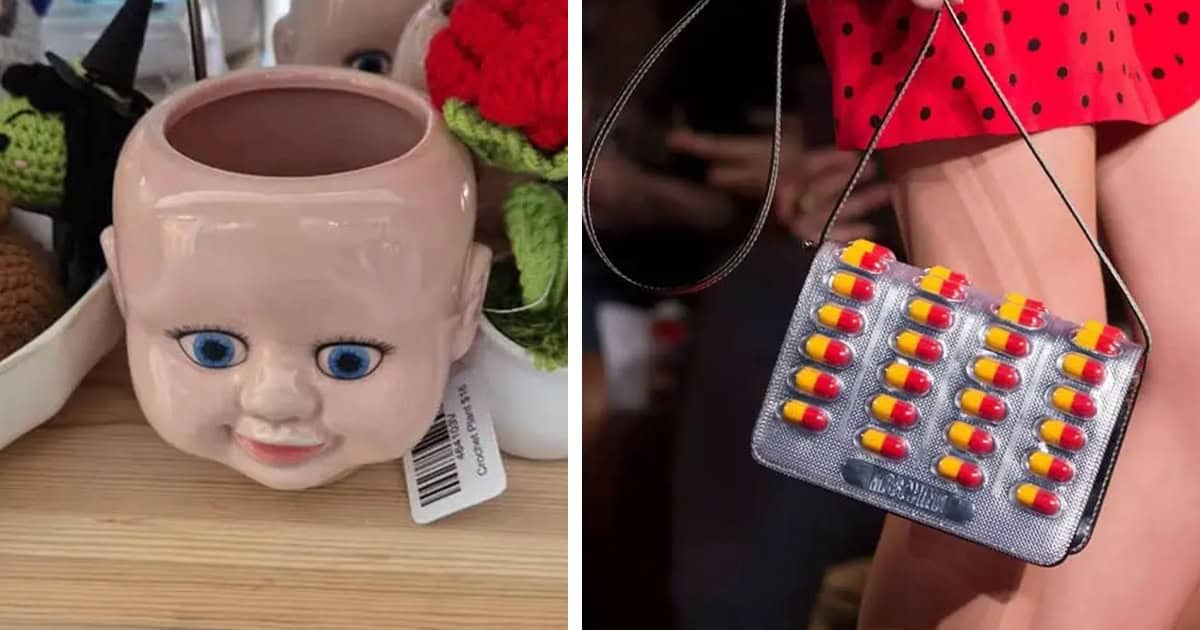 Keramický kvetináč v tvare hlavy bábiky a kabelka s dizajnom piluliek na móle.