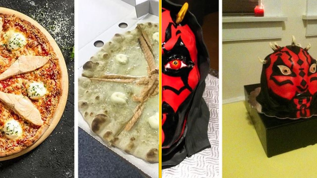 Pizza s lososom, biela pizza a torty inšpirované sci-fi postavou na stole pri sviečke.