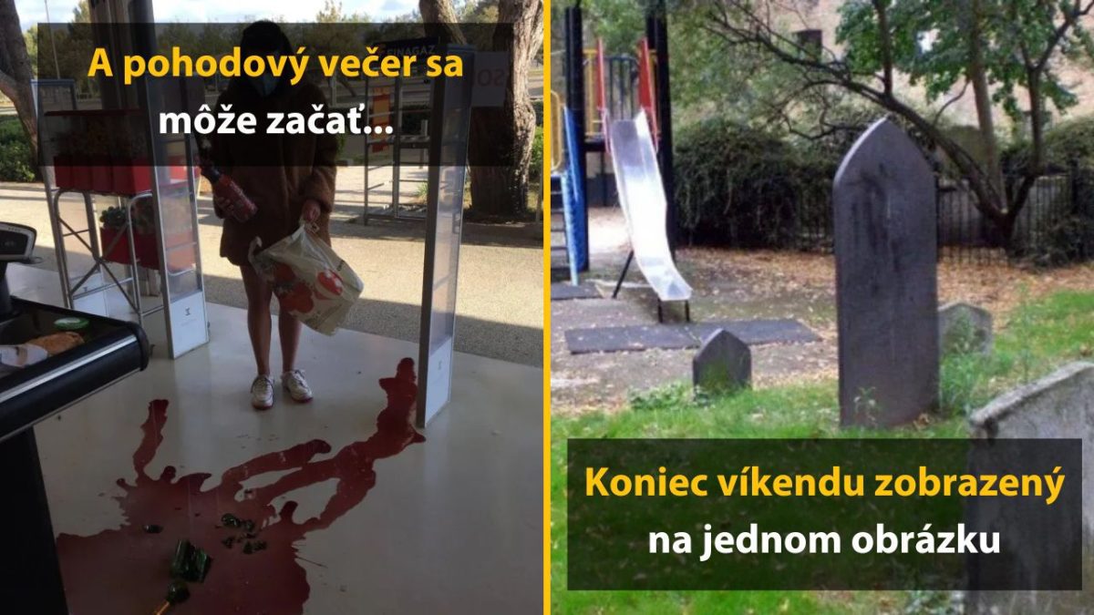 Osoba v obchode rozbila fľašu, vedľa zničené detské ihrisko s náhrobným kameňom.