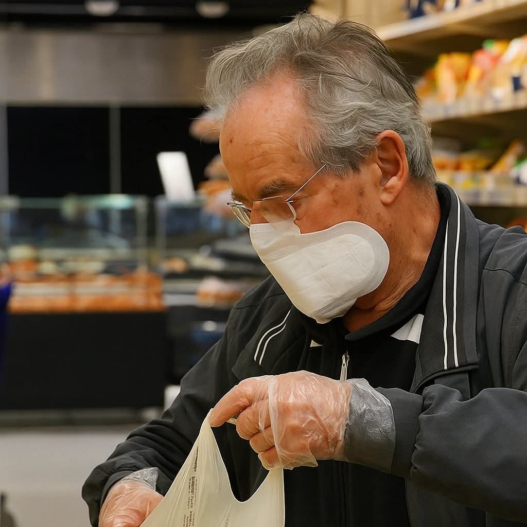 Starší muž s rúškom a rukavicami nakupuje v supermarkete.