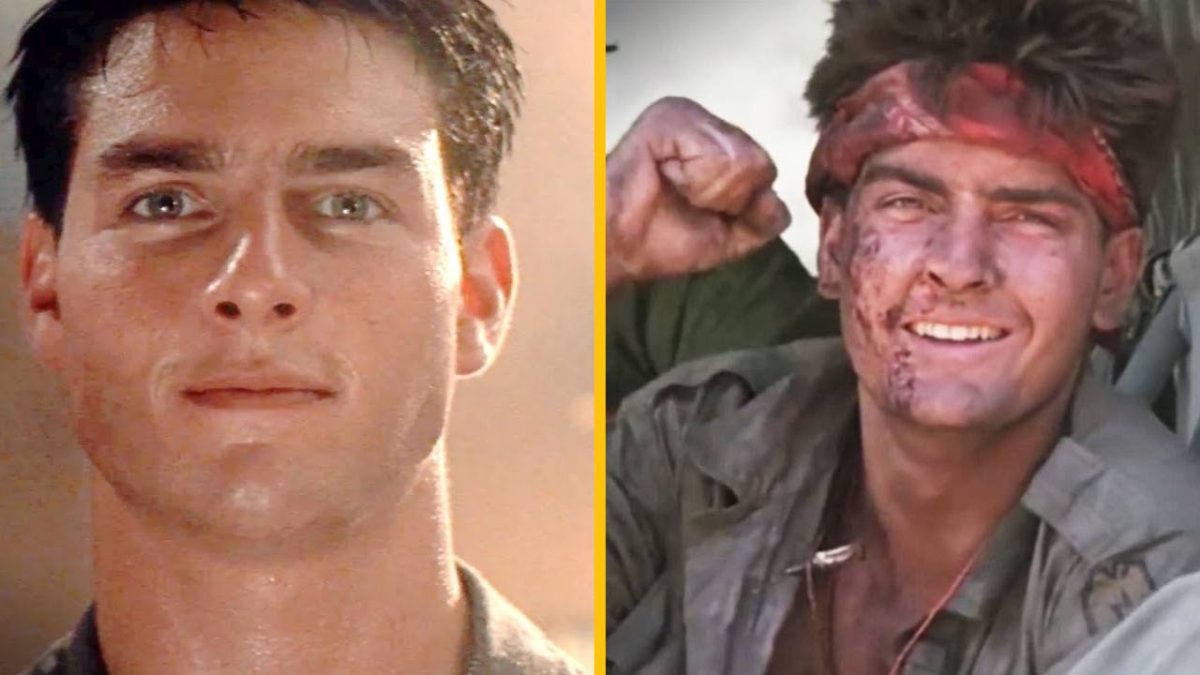 Dva portréty mladých hercov vo vojenských filmoch, odvážny výraz vľavo, bojovný výraz vpravo.