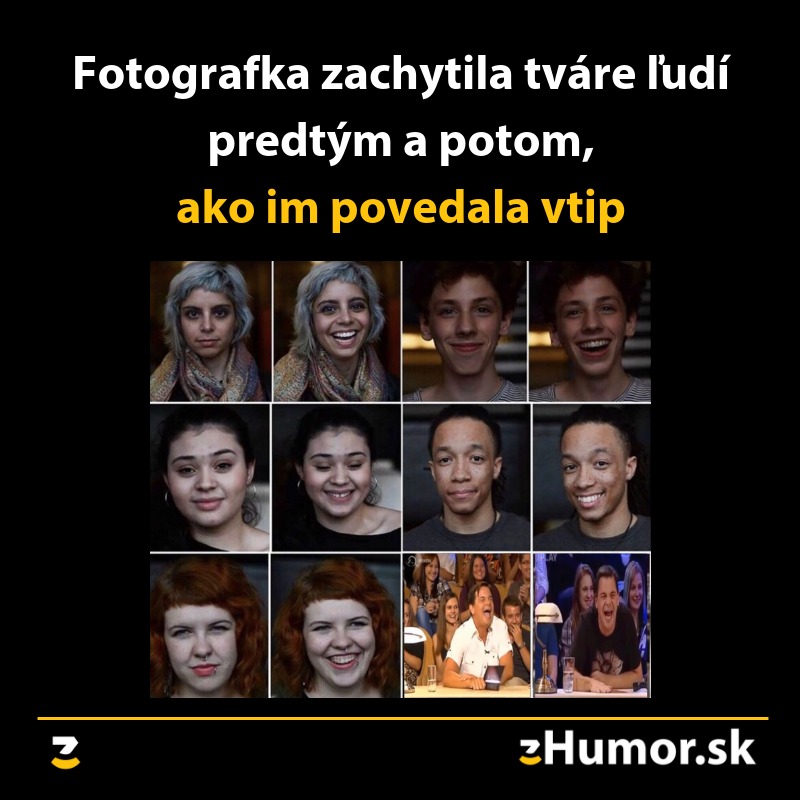 Porovnanie: Reakcie ľudí pred a po vypočutí vtipu, zachytené fotografkou.