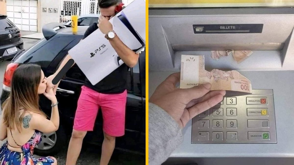 Muž si drží PS5, žena kľačí pri aute, vedľa automatu je roztrhnutá bankovka; humorná situácia.