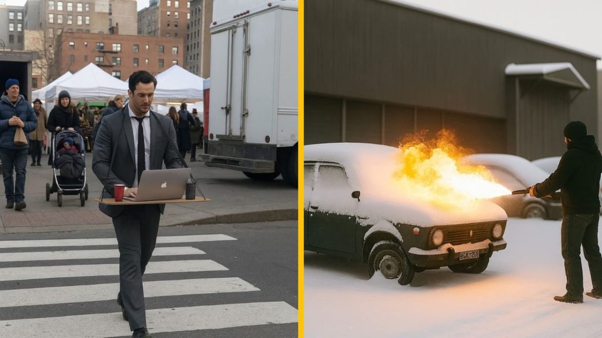 Podnikateľ s notebookom na prechode a muž s plameňometom na snehu pri aute na zimnej ulici.