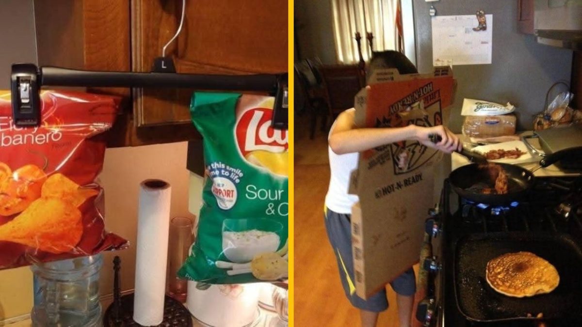 Domáce vylepšenia: Zavesené balenia lupienkov a kartónový ochranný štít pri varení na sporáku.