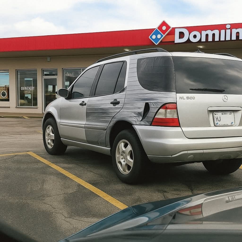 Strieborný Mercedes s opravou z lepiacej pásky zaparkovaný pred reštauráciou Domino's Pizza.