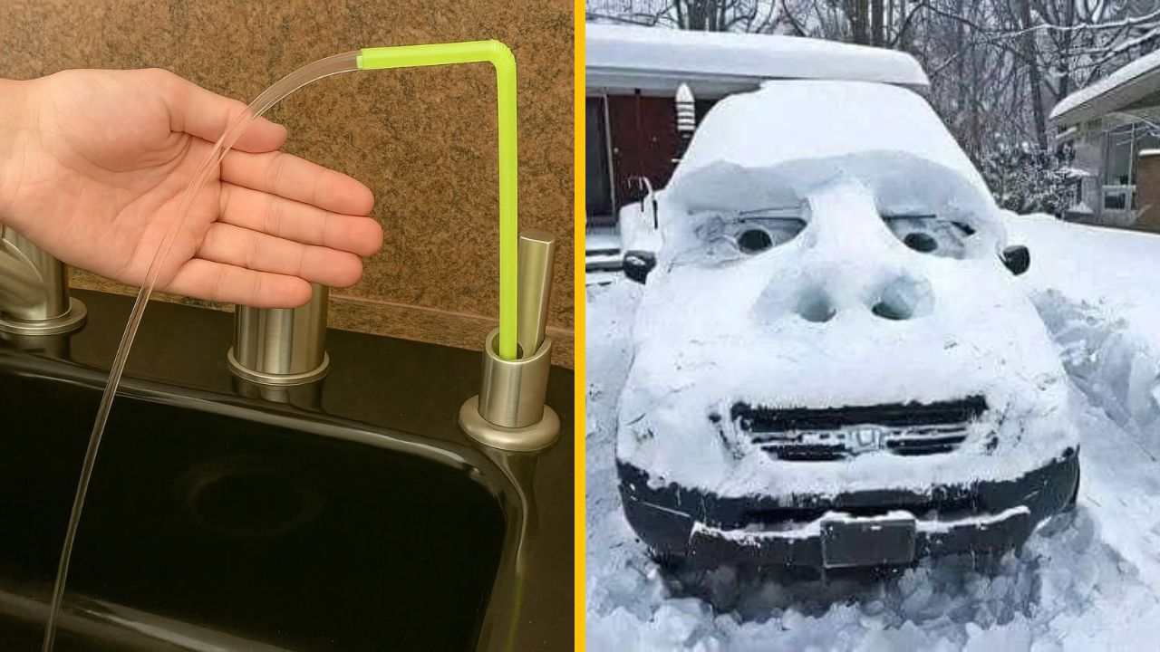 Naľavo: Ruka držiaca ohnutú slamku. Napravo: Auto pokryté snehom s tvárou vytvorenou z odhrnutého snehu.