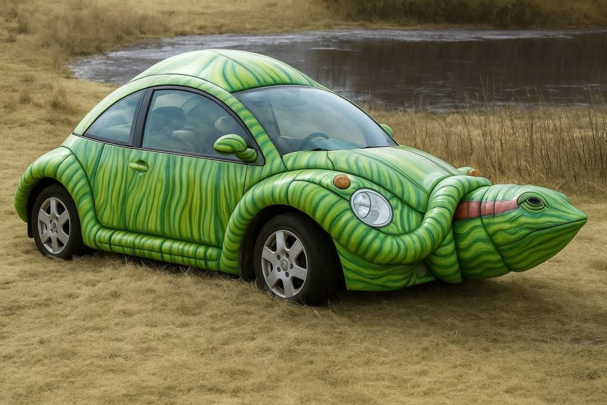 Auto s dizajnom pripomínajúcim korytnačku na trávnatej ploche pri jazere.
