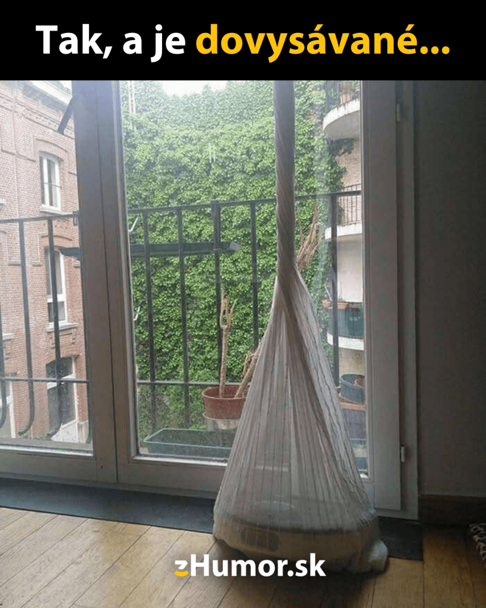 Mačka vo vákuovom obale pri balkónových dverách, s humorným textom Tak, a je dovysávané...