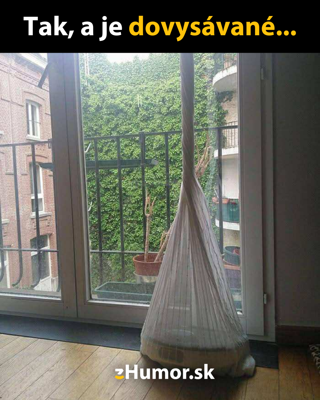 Mačka vo vákuovom obale pri balkónových dverách, s humorným textom Tak, a je dovysávané...