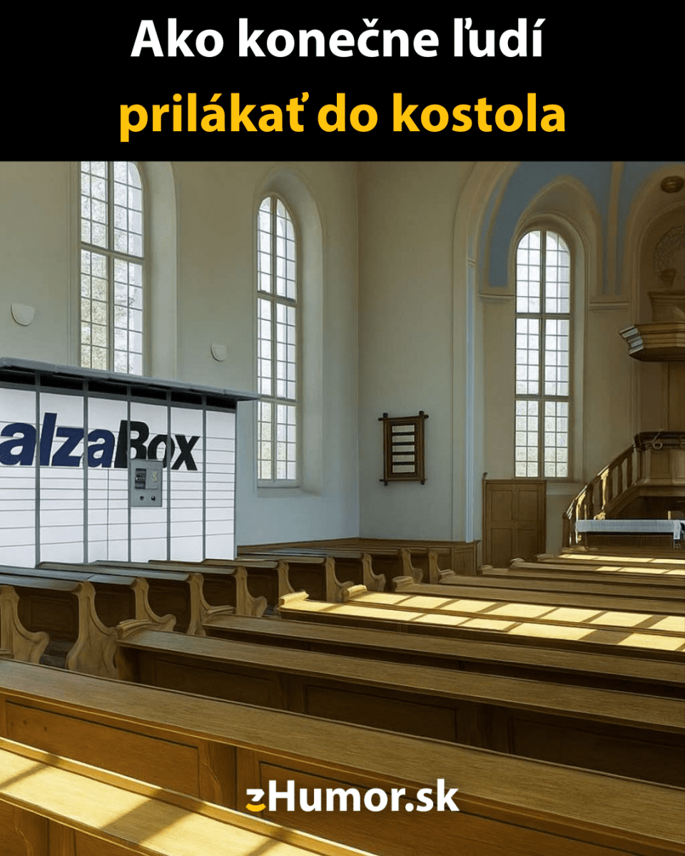 Interiér kostola s AlzaBoxom vedľa lavíc, nadpis o prilákaní ľudí do kostola, zHumor.sk.