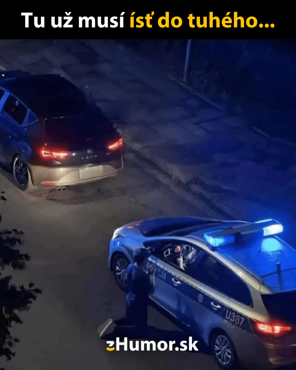 Policajné auto s modrými svetlami zastavené pri ceste, osoba kľačí vedľa, nočná scéna so zábleskom humoru.