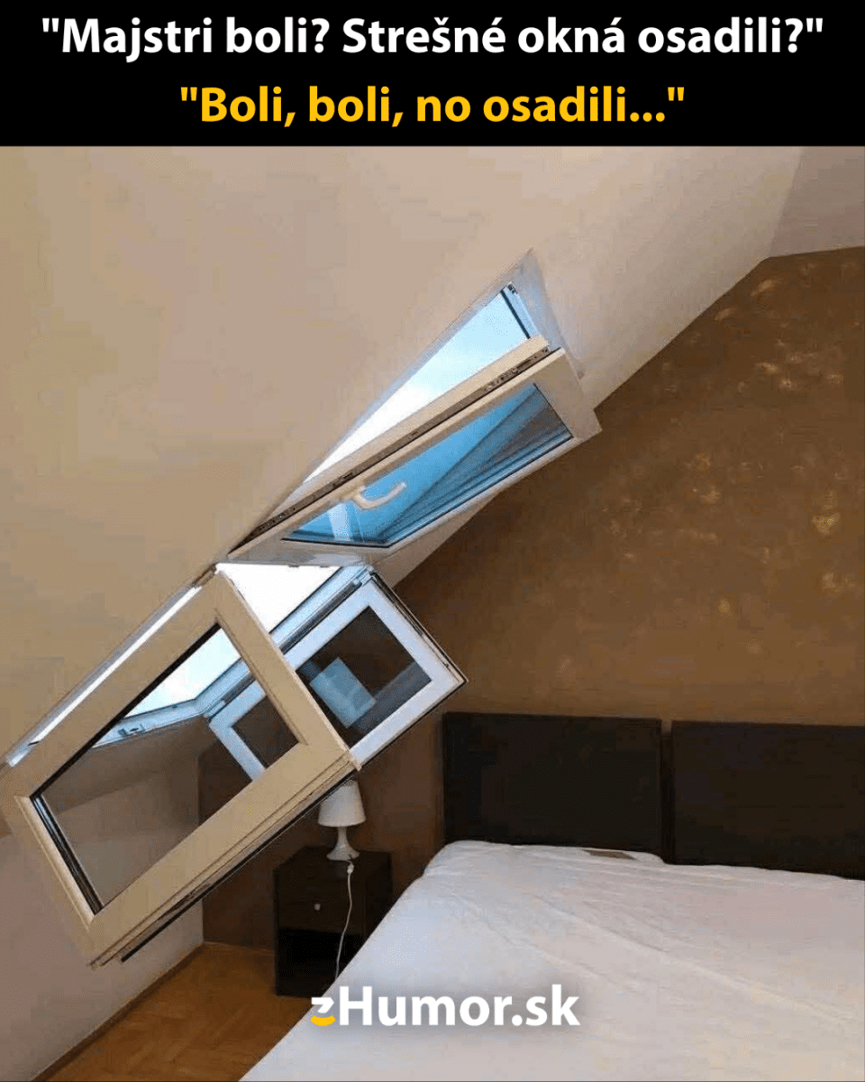 Strešné okno nainštalované nakrivo nad posteľou, ukážka neobvyklej inštalácie.