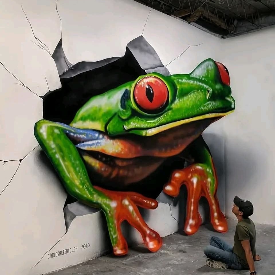 Nástenná maľba veľkej zelenej žaby s červenými očami v 3D ilúzii na bielej stene; muž sedí a pozoruje ju.