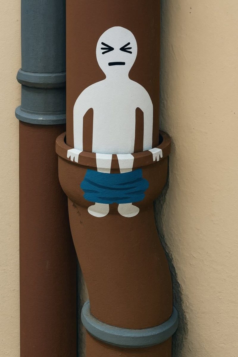 Maľba vyjadrujúca emócie, zobrazuje postavu uviaznutú v potrubí s modrými šortkami na kolenách.