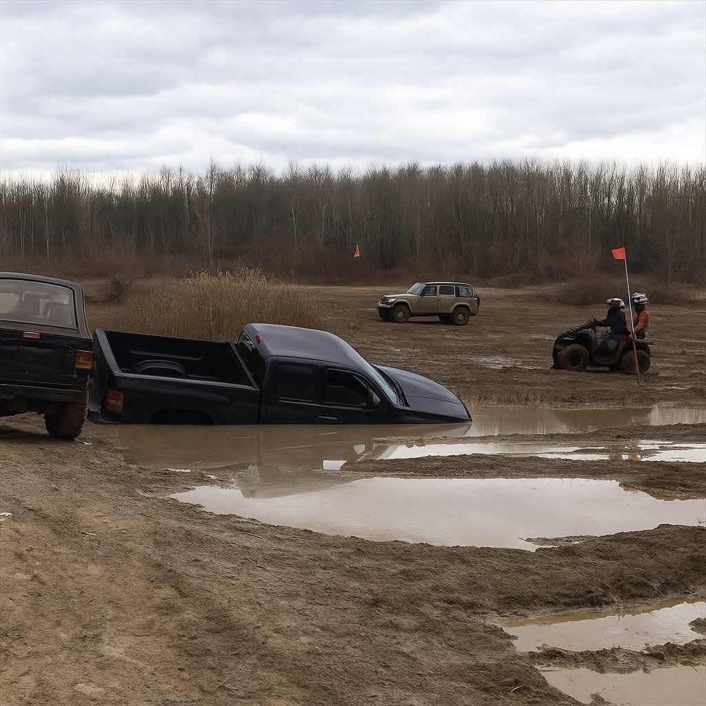 Pickup uviaznutý v bahne, vedľa štvorkolka s dvoma osobami a SUV na vidieckej ceste, zamračená obloha.
