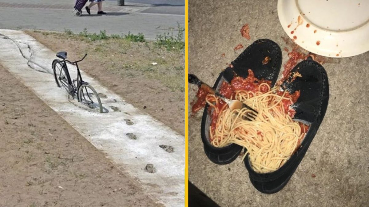 Bicykel uviaznu sa v betóne, vedľa rozliate špagety na topánkach, pokrmy na zemi. Neúspešný deň v dvoch obrazoch.