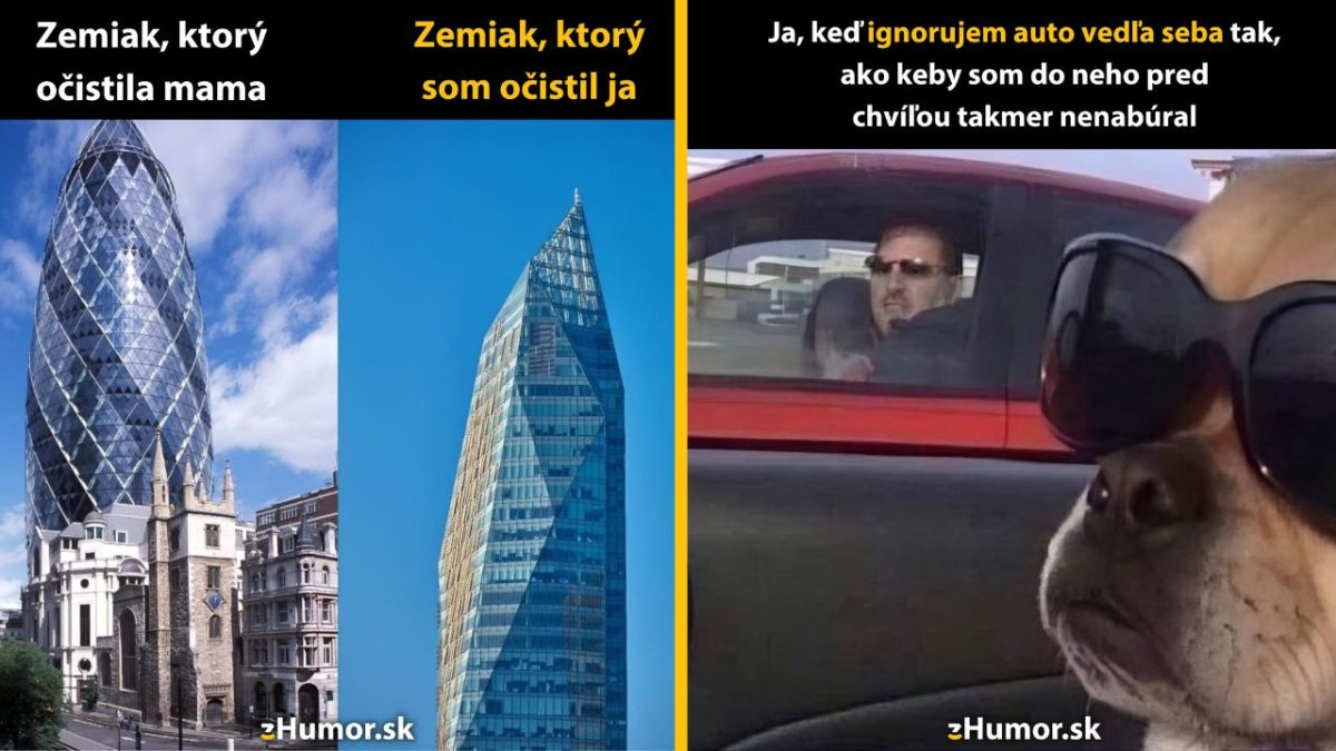 Vtipný obrázok so stavebnými dielami a psom v okuliaroch, ilustrujúci rozdiely v kvalite a ignorovanie situácie.