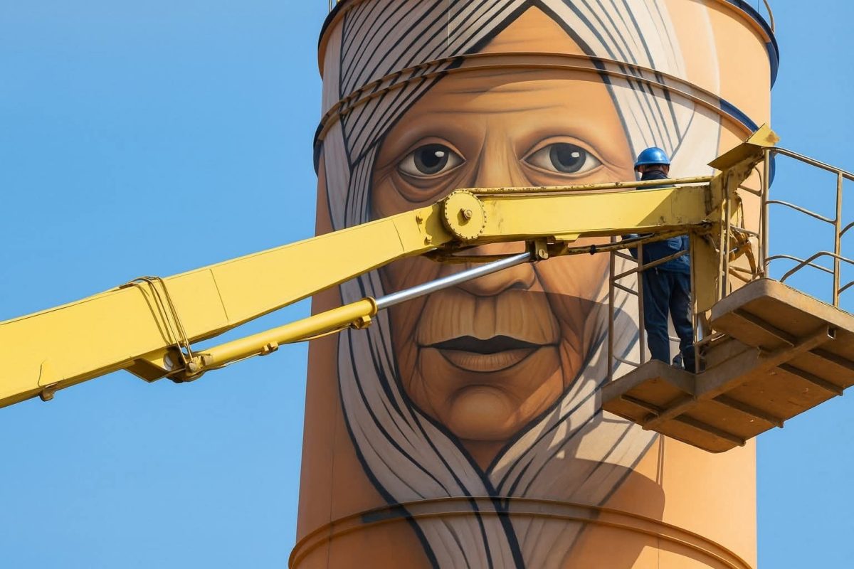 Dizajnér maľuje tvár na veľký vežiak, stojí na plošine pod modrou oblohou.