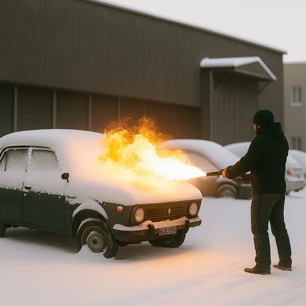 Osoba v čiernej bunde rozmrazuje zasnežené auto plameňometom pred šedou budovou.