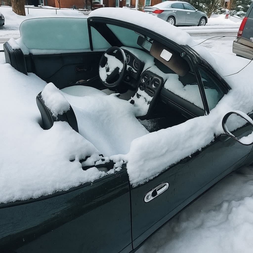 Kabriolet pokrytý snehom zvnútra aj zvonku počas zimy, zaparkovaný na snežnej ulici.