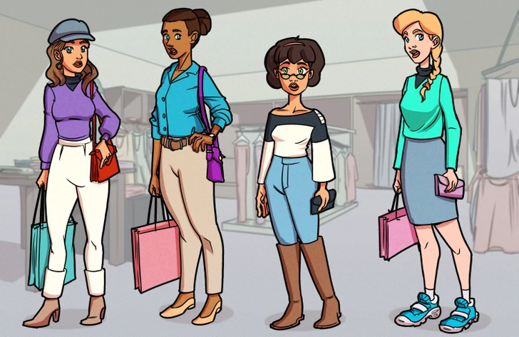 Štyri štýlovo oblečené ženy nakupujú v obchode s módou, každá nesie farebné tašky a má rôzne outfity.
