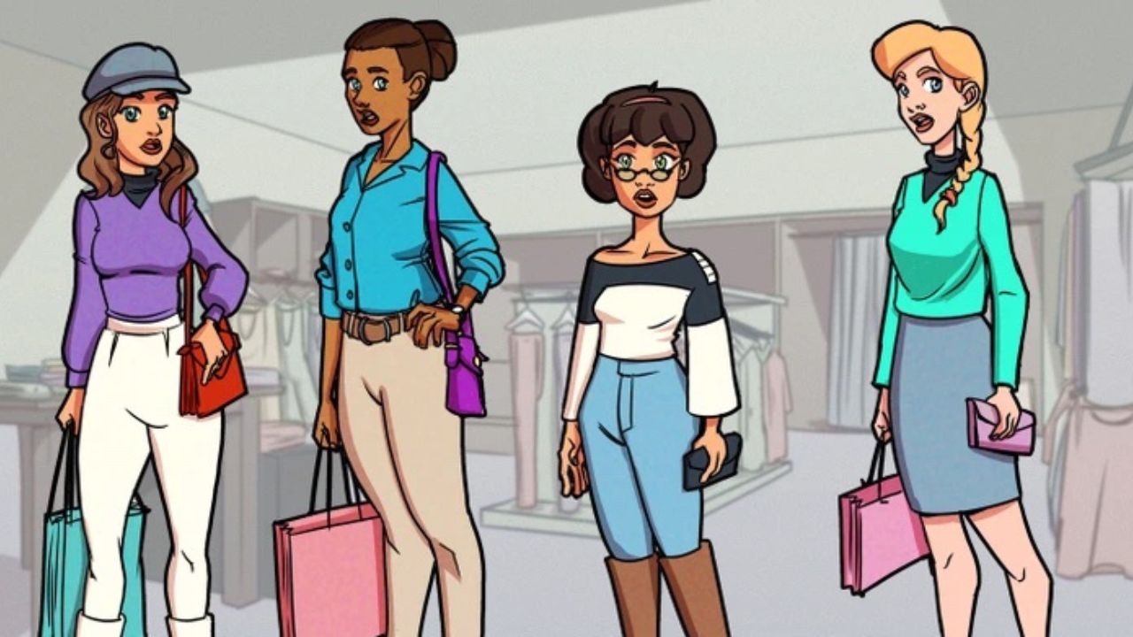 Štyri kreslené postavy v módnom butiku držia nákupné tašky a diskutujú o oblečení.