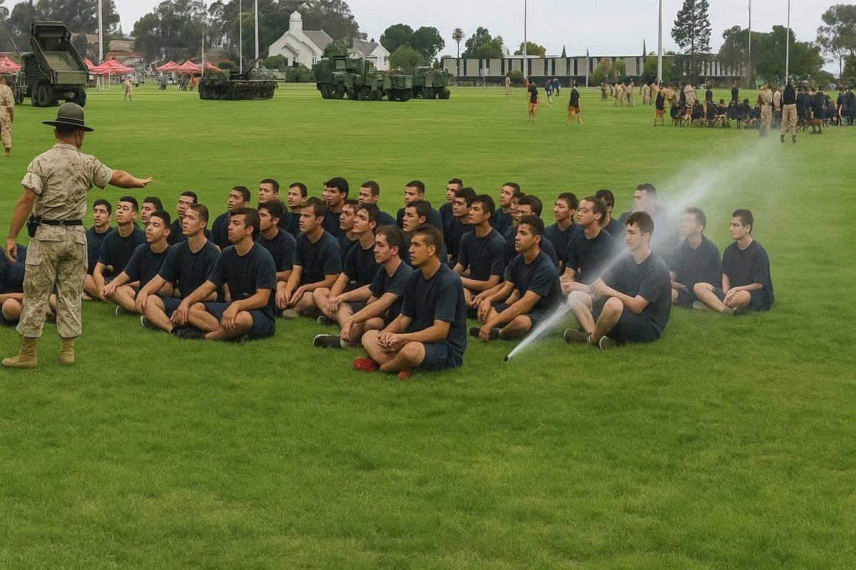Vojenský výcvik na trávniku: inštruktor učí skupinu sediacich kadetov, vedľa nich striekajú vodné postrekovače.