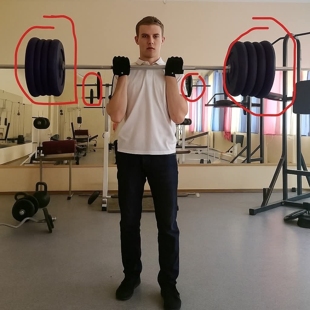 Muž cvičí s činkou v posilňovni, oblečený v bielom tričku a čiernych rukaviciach, pozadie so zrkadlami.