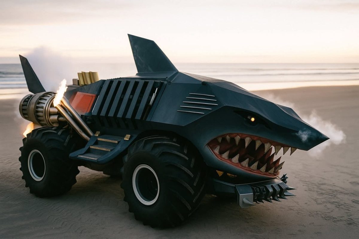 Futuristický auto v tvare žraloka s ohnivými efektmi na pláži pri západe slnka.