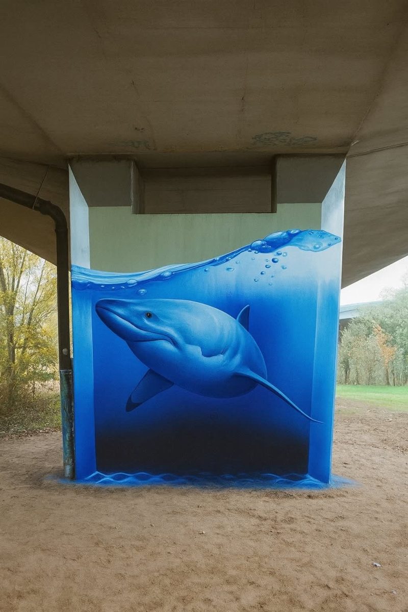 Pod mostom je realistická maľba žraloka pod vodou.