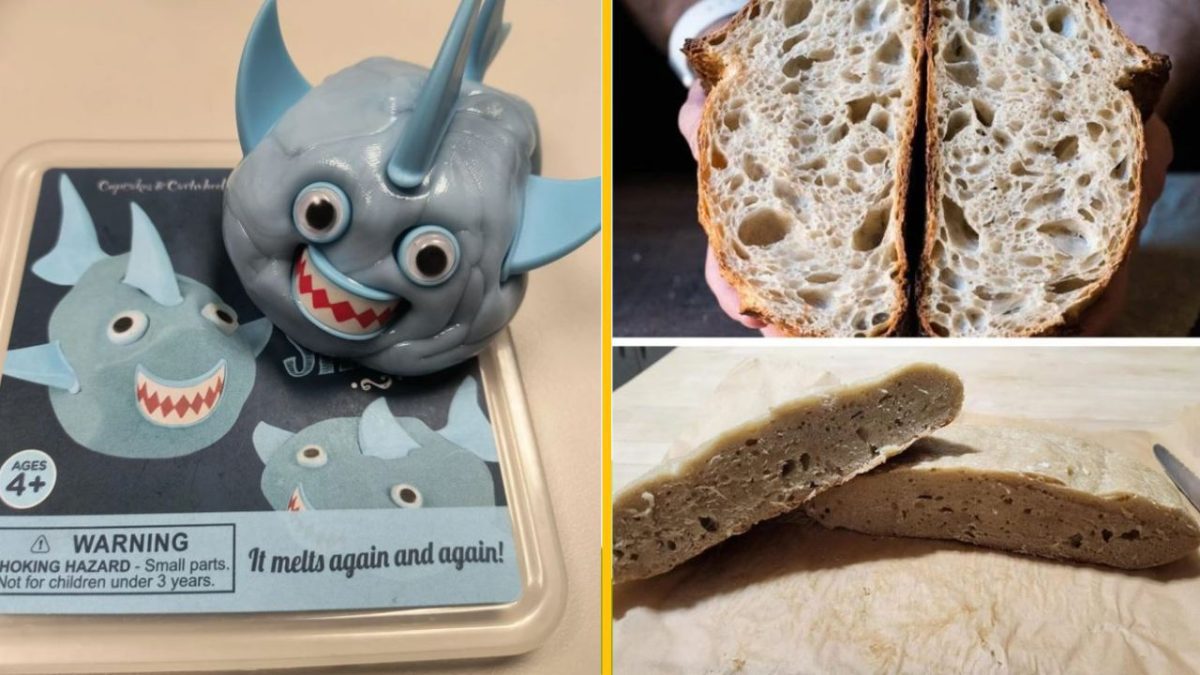 Modrá postavička, čerstvý chlieb s krémovou textúrou a menej vydarený chlebový pokus.