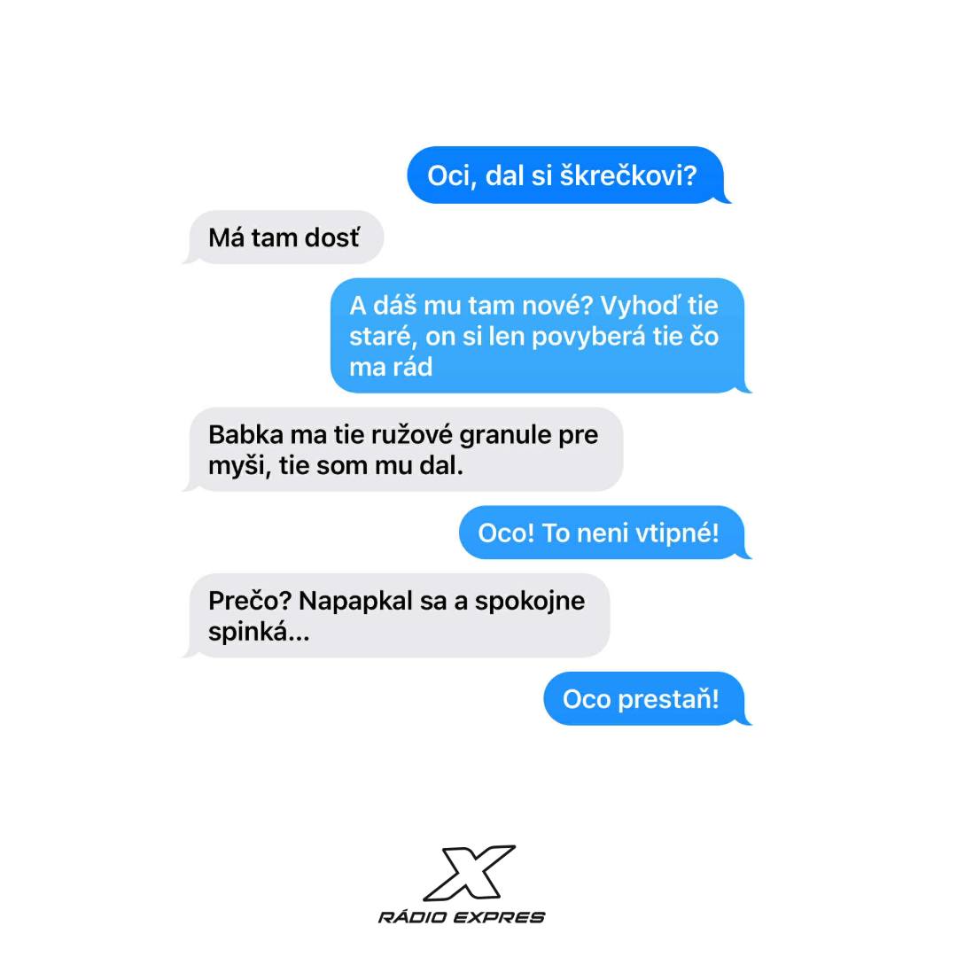Humorná SMS konverzácia o škrečkovi a granuliach, vtipný rodičovský dialóg.