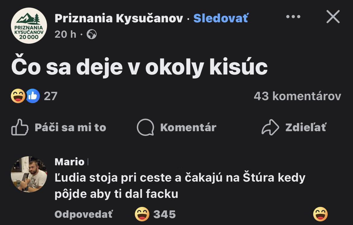 Facebookový príspevok Priznania Kysučanov o miestnych udalostiach s humorným komentárom.