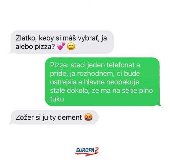 SMS konverzácia: láska vs. pizza. Humorný výber medzi partnerkou a obľúbeným jedlom.