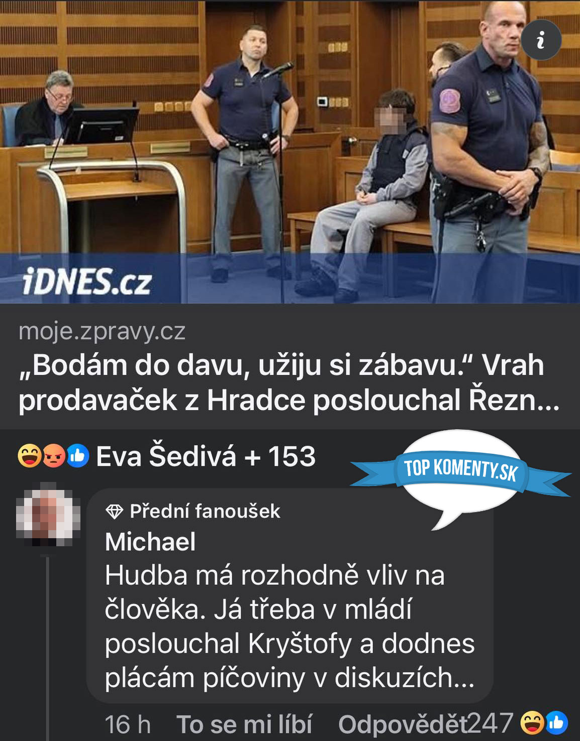 Obrázok z českého súdneho procesu s obžalovaným, stráže a komentáre na sociálnych sieťach.