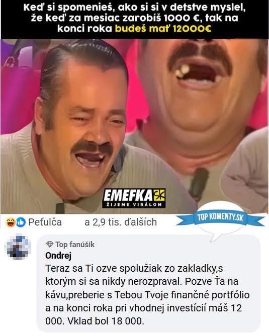 Meme s mužom sa smeje, komentárom o investíciách a stratách na webe EMFKA.