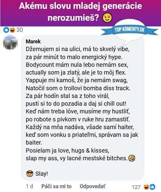Obrázok s textovou konverzáciou o modernej slovnej zásobe mladých, vrátane slangových výrazov.