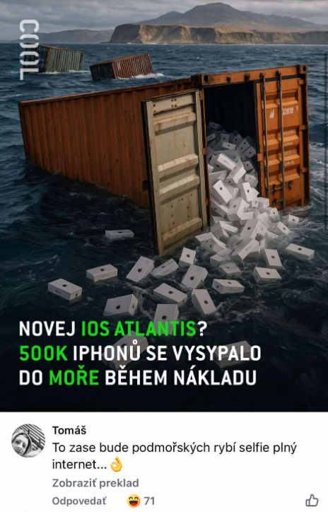 Kontajnery s iPhonmi padajú do mora, smiešna situácia s komentárom o podvodných selfies.