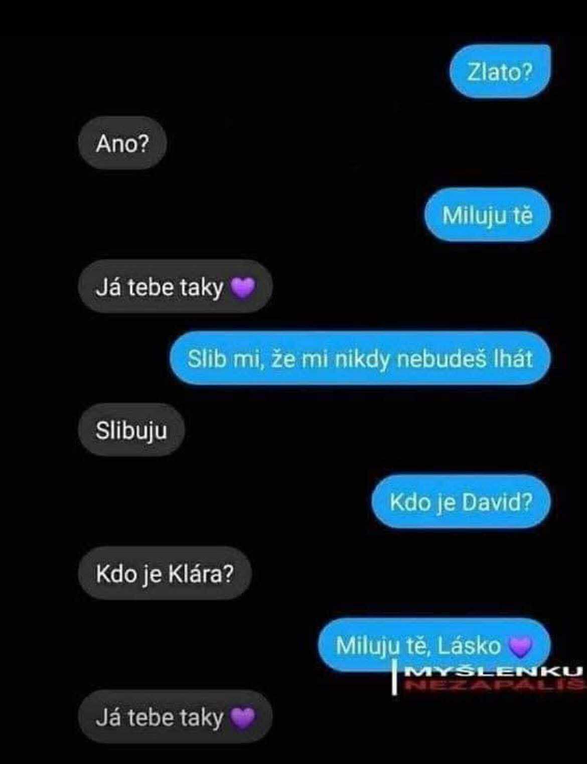 Humorná konverzácia o dôvere a láske s prekvapivou otázkou na záver.