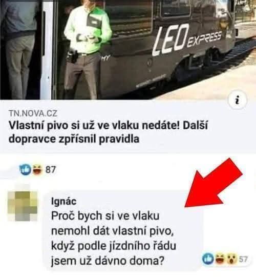 Cestujúci v diskusii o zákaze vlastného piva vo vlakoch Leo Express, humor v komentároch na sociálnych sieťach.