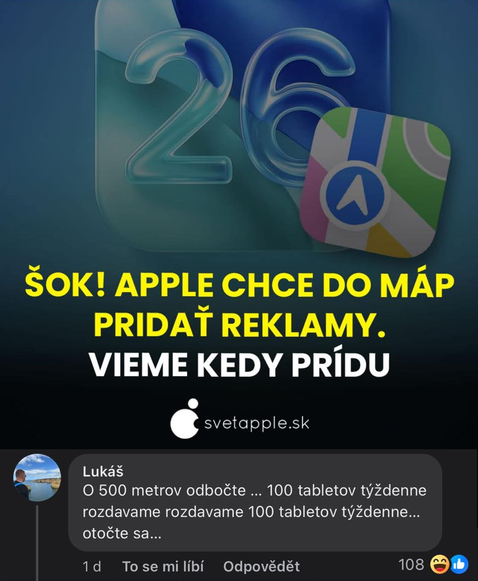 Apple pridá reklamy do máp, oznámenie svetapple.sk, detail aplikácie a diskusný príspevok používateľa Lukáš.