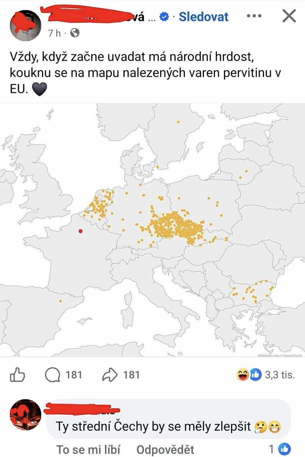 Mapa nálezov varní pervitínu v Európe so sústredením v strednej Európe a komentármi na sociálnej sieti.