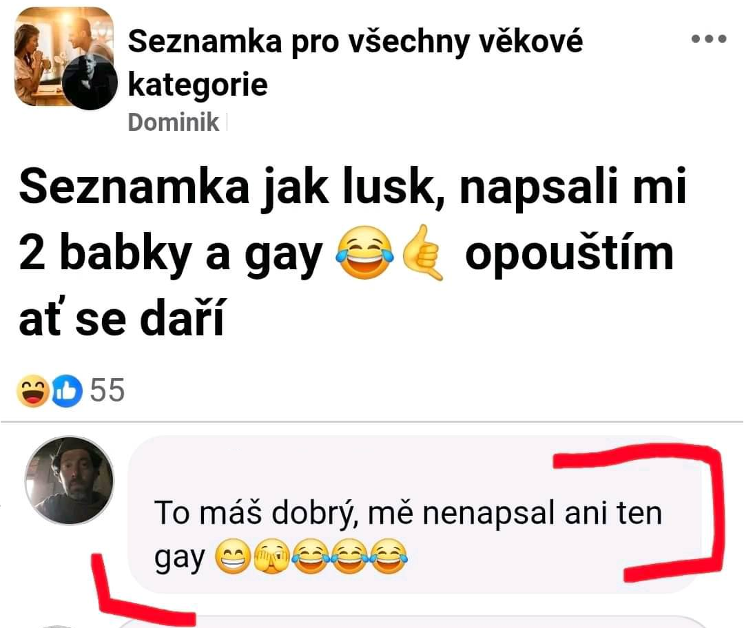 Používateľ zvažuje opustiť zoznamku, po reakcii dvoch starších žien a jedného muža. Komentár vyjadruje humor.