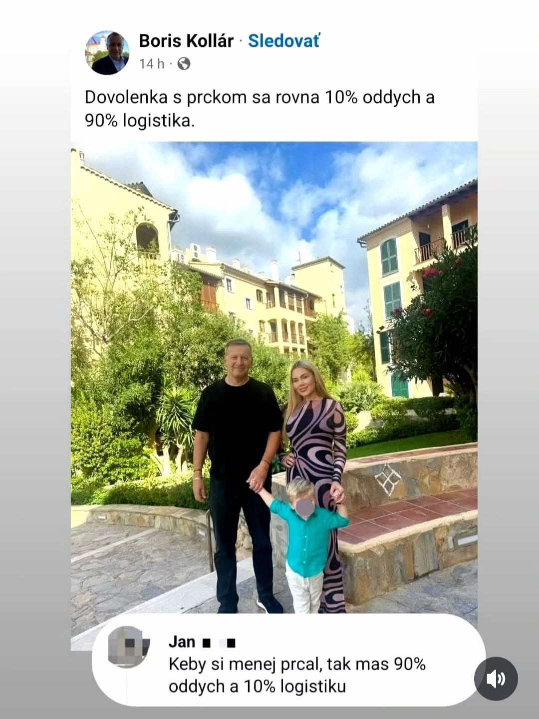 Rodina na dovolenke s dieťaťom pred budovami, s textom o logistike a oddychu.