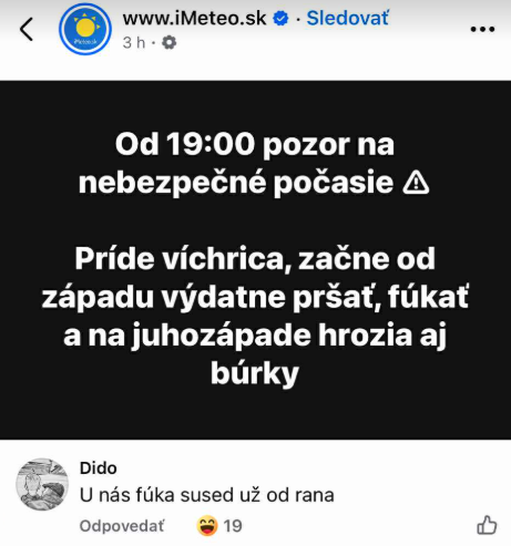 Výstraha pred nebezpečným počasím: Víchrica a dážď od západu, búrky na juhozápade od 19:00.