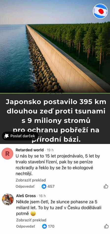 Japonsko postavilo 395 km dlhú hrádzu proti tsunami so 9 miliónmi stromov na ochranu pobrežia.