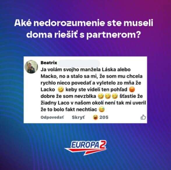 Humorné nedorozumenie v partnerstve: Z lásky Macko sa stal omylom Lacko. Europa 2 zábavný príspevok na Facebooku.
