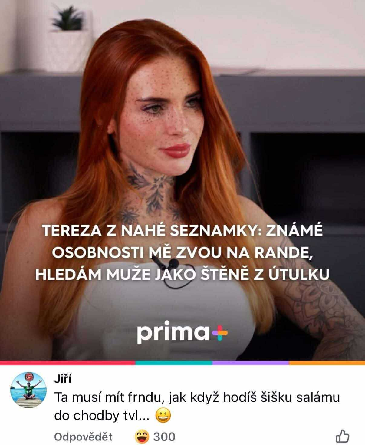 Žena s tetovaním diskutuje o význame nahých zoznamiek a hľadaní pravého muža; zábavný komentár pod obrázkom.